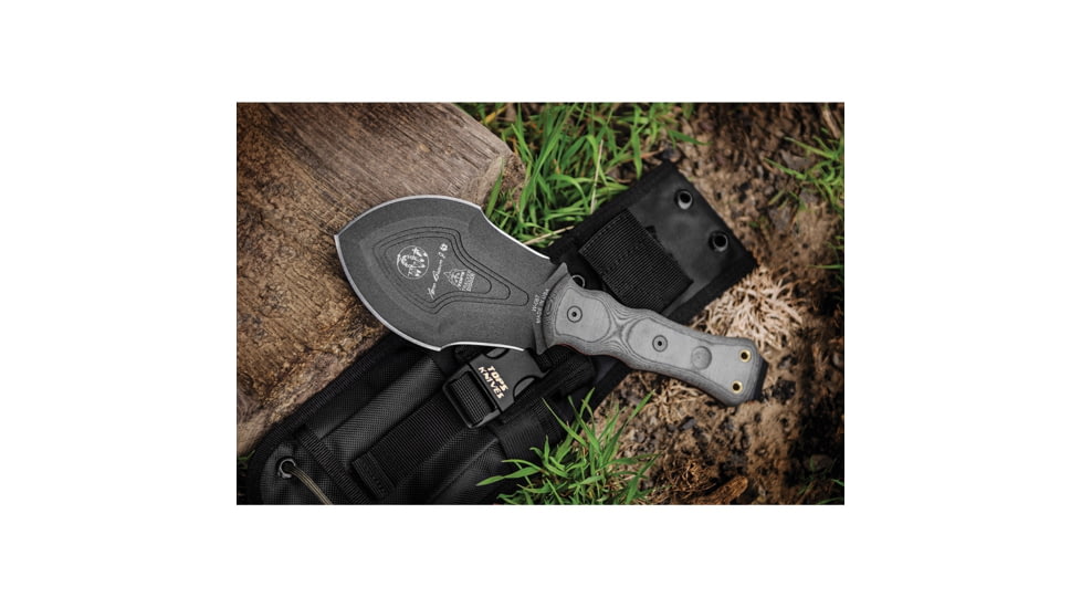 TOPS Knives Tracker Digger Knife, 10.5in Overall, 4.75in Black Traction Coated Double Edge 1095Hc Steel Blade, Black Linen Micarta Handle, Black Nylon Molle Compatible Sheath, TBT-DIG