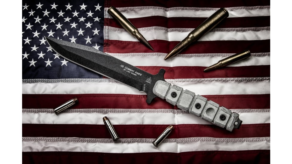 TOPS Knives US Combat Fixed Blade Knife, 7.5in, 1095 RC 56-58 Steel Blade, Black Linen Micarta Handle, TPUS01