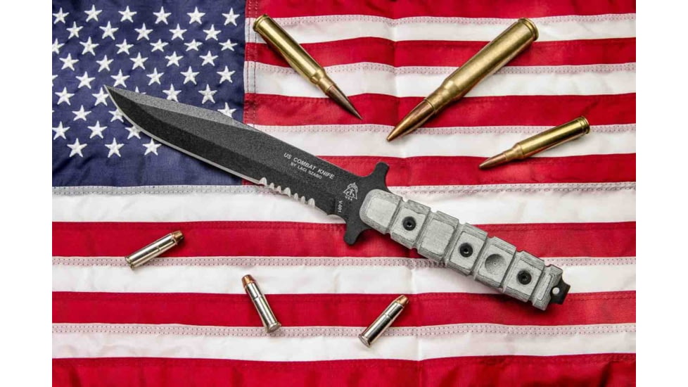 TOPS Knives US Combat Fixed Blade Knife, 7.5in, 1095 RC 56-58 Steel Blade, Black Linen Micarta Handle, TPUS01