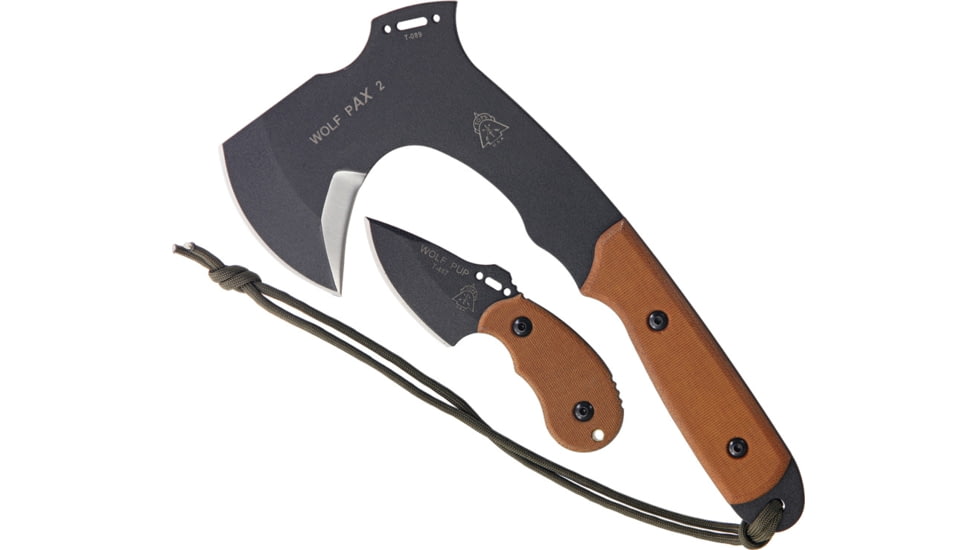 TOPS Knives Wolf Pax 2 Combo Knife, 10 1/8in Overall, 4 7/8in Axe Head, Black Traction Coated 1095 High Carbon Steel, Tan Canvas Micarta Handles, OD Green Nylon Cord Lanyard, WPAX02