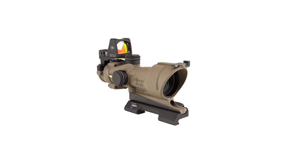 Trijicon 4x32 ACOG ECOS, Center Illuminated Amber Crosshair 5.56 Reticle w/ Backup Iron Sights, Quick Release Mount &amp; LED 3.25 MOA Red Dot RMR Type 2, Cerakote FDE, 100555
