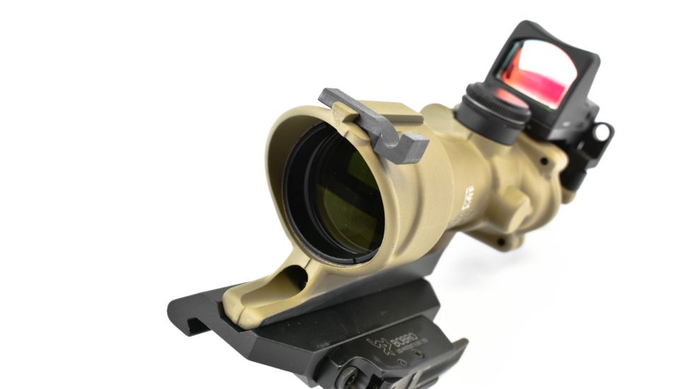 Trijicon 4x32 ACOG ECOS, Center Illuminated Amber Crosshair 5.56 Reticle w/ Backup Iron Sights, Quick Release Mount &amp; LED 3.25 MOA Red Dot RMR Type 2, Cerakote FDE, 100555