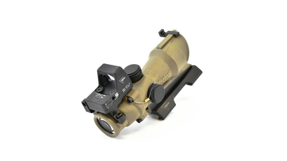 Trijicon 4x32 ACOG ECOS, Center Illuminated Amber Crosshair 5.56 Reticle w/ Backup Iron Sights, Quick Release Mount &amp; LED 3.25 MOA Red Dot RMR Type 2, Cerakote FDE, 100555