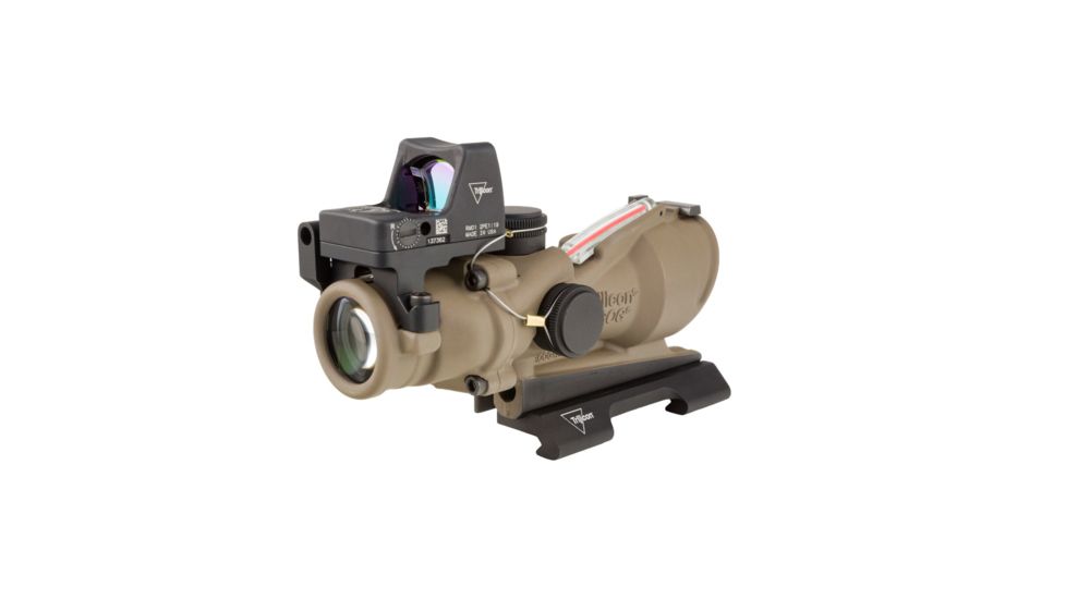 Trijicon 4x32 ACOG ECOS, Dual Illuminated Red Crosshair 5.56 Reticle w/ Backup Iron Sights, Quick Release Mount &amp; LED 3.25 MOA Red Dot RMR Type 2, Cerakote FDE, 100553