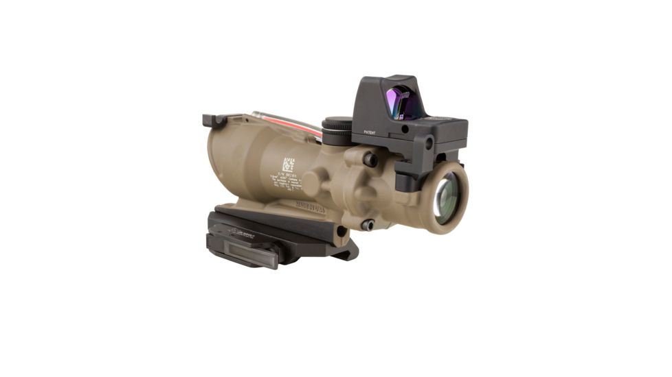 Trijicon 4x32 ACOG ECOS, Dual Illuminated Red Crosshair 5.56 Reticle w/ Backup Iron Sights, Quick Release Mount &amp; LED 3.25 MOA Red Dot RMR Type 2, Cerakote FDE, 100553