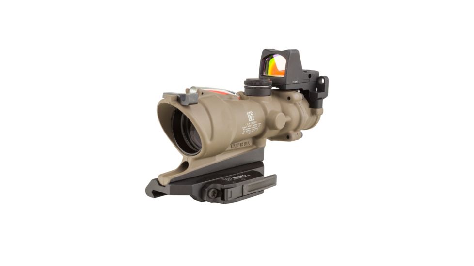 Trijicon 4x32 ACOG ECOS, Dual Illuminated Red Crosshair 5.56 Reticle w/ Backup Iron Sights, Quick Release Mount &amp; LED 3.25 MOA Red Dot RMR Type 2, Cerakote FDE, 100553