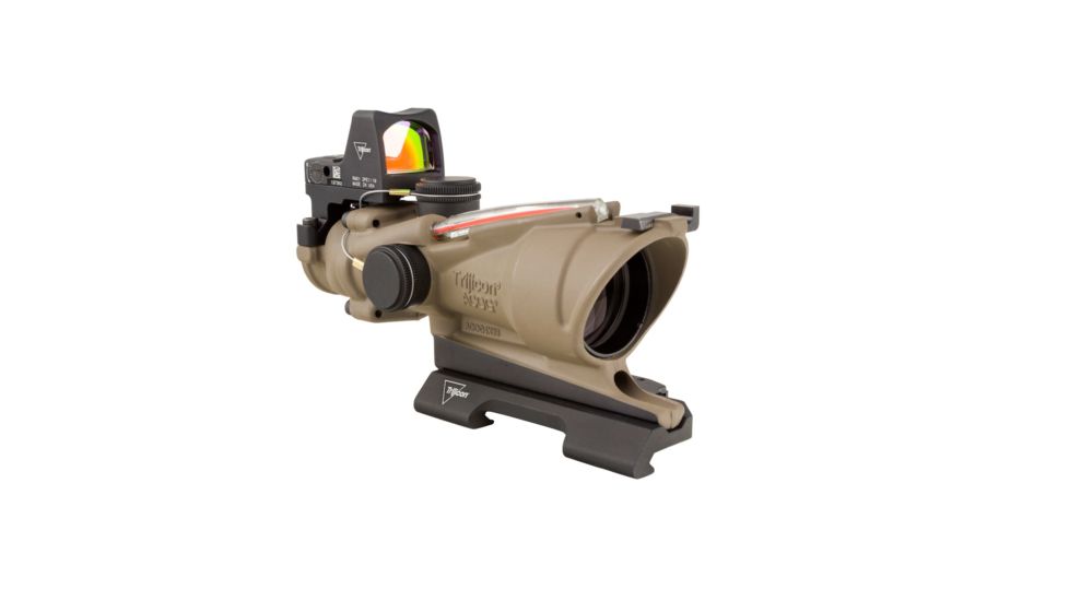 Trijicon 4x32 ACOG ECOS, Dual Illuminated Red Crosshair 5.56 Reticle w/ Backup Iron Sights, Quick Release Mount &amp; LED 3.25 MOA Red Dot RMR Type 2, Cerakote FDE, 100553