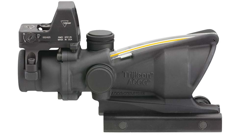 Trijicon 4x32 ACOG Rifle Scope, Dual Illuminated Amber Crosshair .223 Reticle w/ Colt Knob Thumbscrew Mount &amp; LED 3.25 MOA Red Dot RMR Type 2, Black, 100551