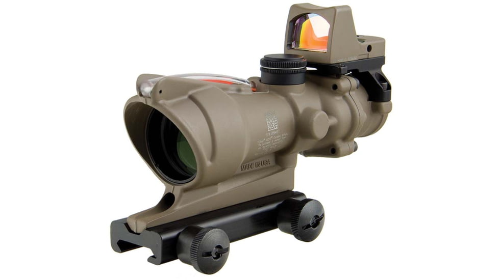 Trijicon 4x32 ACOG Rifle Scope, Dual Illuminated Red Chevron .223 Reticle w/ Colt Knob Thumbscrew Mount &amp; LED 3.25 MOA Red Dot RMR Type 2, Cerakote FDE, 100570