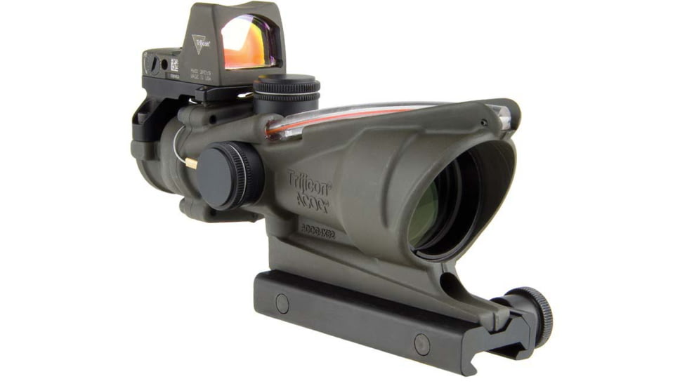 Trijicon 4x32 ACOG Rifle Scope, Dual Illuminated Red Chevron .223 Reticle w/ Colt Knob Thumbscrew Mount &amp; LED 3.25 MOA Red Dot RMR Type 2, Cerakote OD Green, 100569