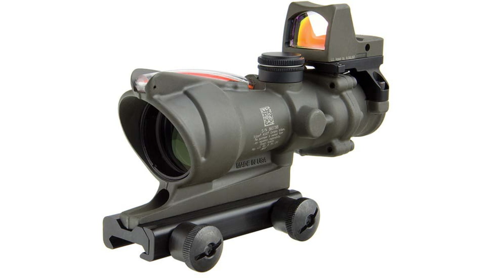 Trijicon 4x32 ACOG Rifle Scope, Dual Illuminated Red Chevron .223 Reticle w/ Colt Knob Thumbscrew Mount &amp; LED 3.25 MOA Red Dot RMR Type 2, Cerakote OD Green, 100569