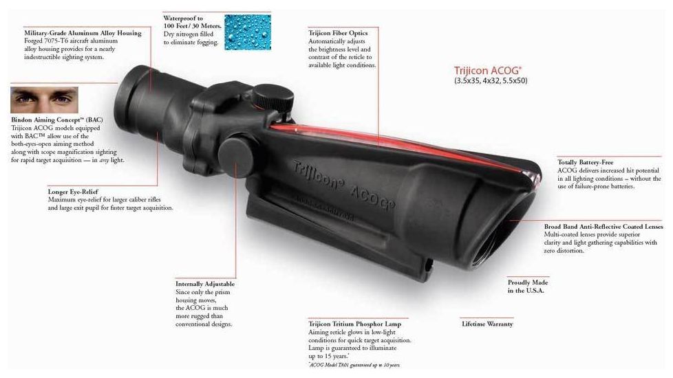 Trijicon TA11F ACOG 3.5x35 Rifle Scope with Red Chevron BAC .223 Flattop Reticle - includes Flat Top Adapter Rifle Scope