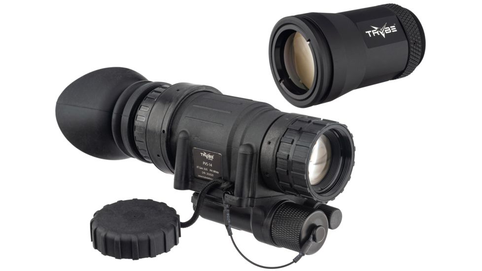 TRYBE Optics PVS-14 Night Vision Monocular, GEN 3, White Phosphor, Pinnacle Tube, 64-72 lp/mm, Regular, Charcoal, w/ TRYBE PVS-14 3X Magnifier, TRYBEPVS14W-KIT1