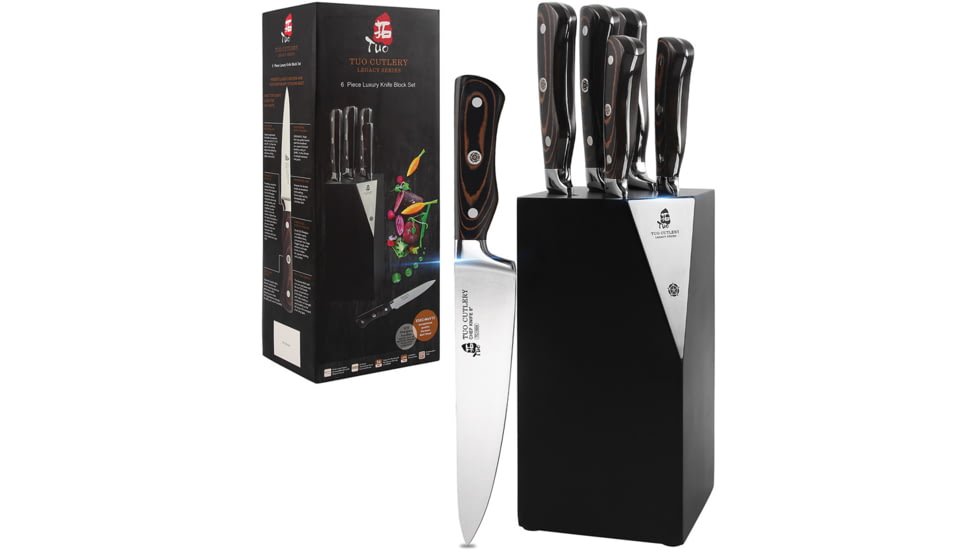 Tuo Cutlery Legacy 6-Piece Kitchen Knife Set, X50CrMoV15 Stainless Blade, Black/Brown G10 Handle, TC1510