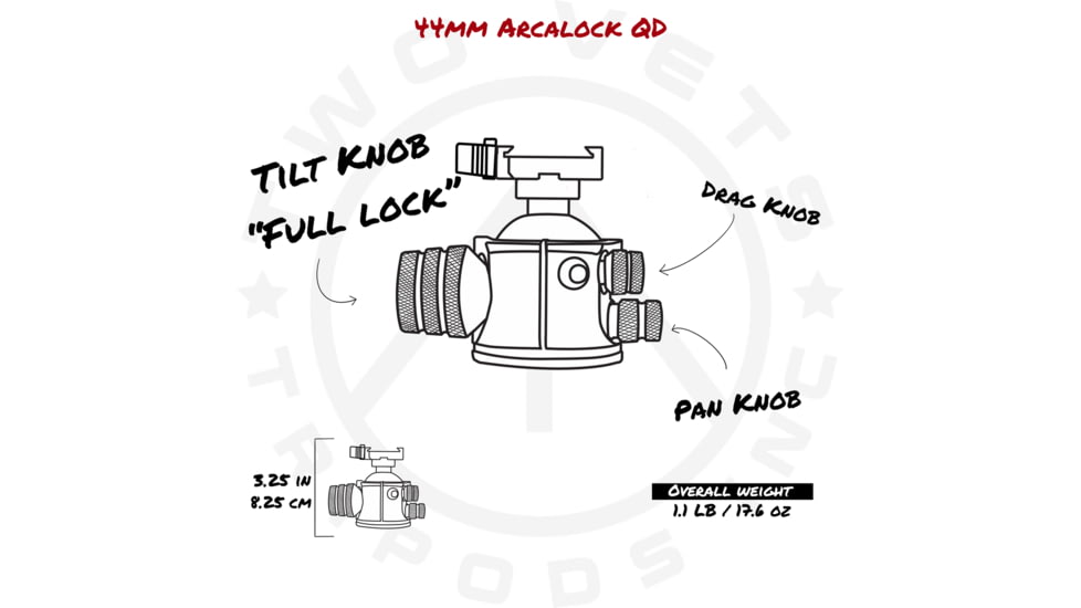 Two Vets Tripods Inc 44mm Dual Tension Ballhead W/ Area 419 Arcalock QD, Black, 3in, 850044845194