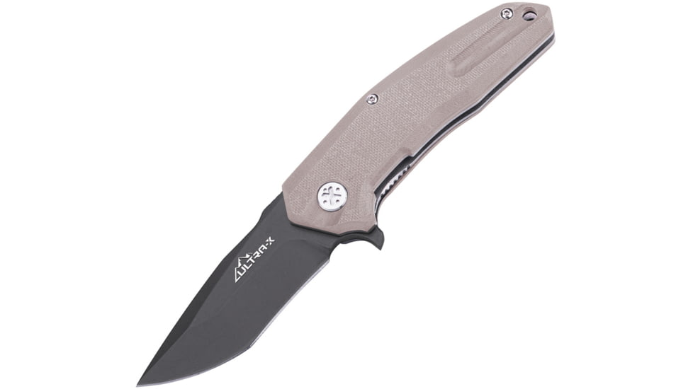 Ultra-X Cobra Linerlock Tan Folding Knife, 3 black finish 440C stainless blade, Desert tan G10 handle, UXHK215G