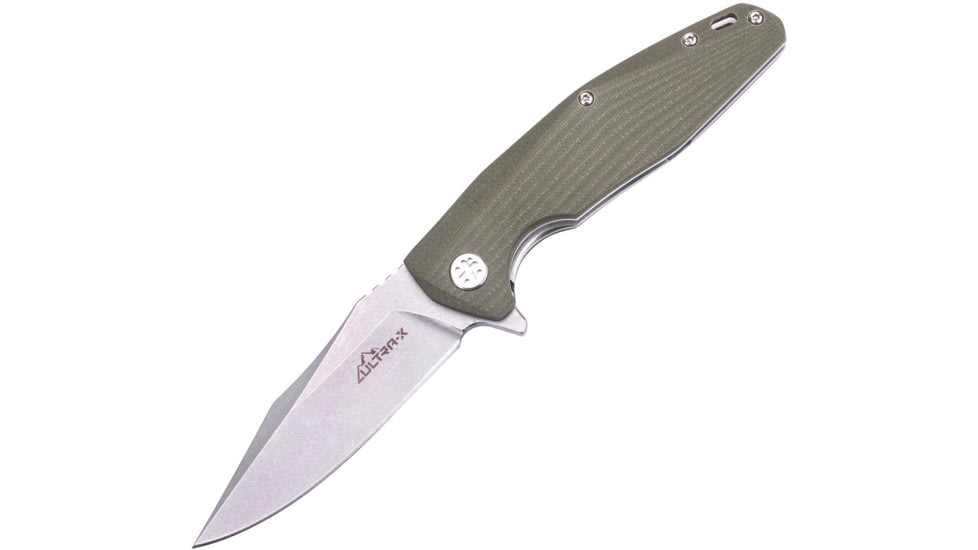 Ultra-X Hugger Linerlock OD Folding Knife, 3.5 stonewash finish D2 tool steel blade, OD green G10 handle, UXHK210J