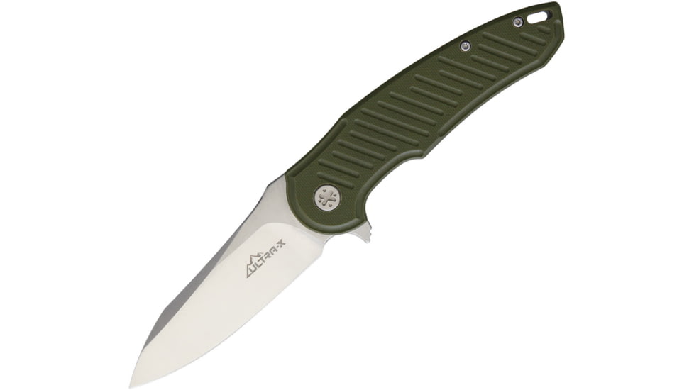 Ultra-X Vulture Linerlock OD Folding Knife, 3.5 satin finish D2 tool steel blade, OD green textured G10 handle, UXHK221C
