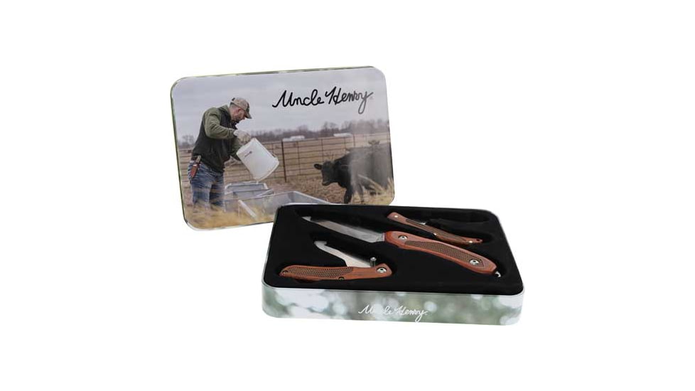 Uncle Henry Pakka Wood 3 Piece Knife Set w/Gift Tin, 3.5in/3in, Stainless Steel, Folding/Fixed Blade, Brown, Pakka Wood Handle, 1183285