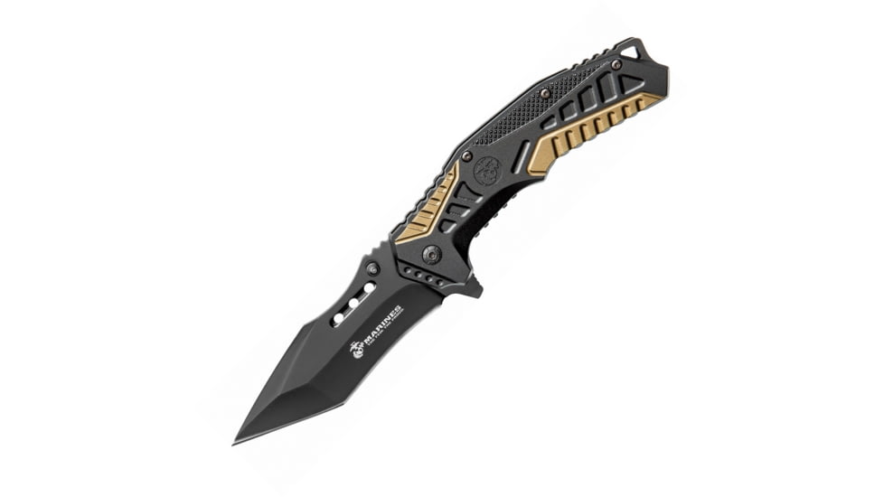 United Cutlery USMC Linerlock A/O Folding Knife, 4.75in Closed, 3.5in Black SS Tanto Blade, Black/Tan Aluminum Handle, Thumb Stud, Pocket Clip, UC3350