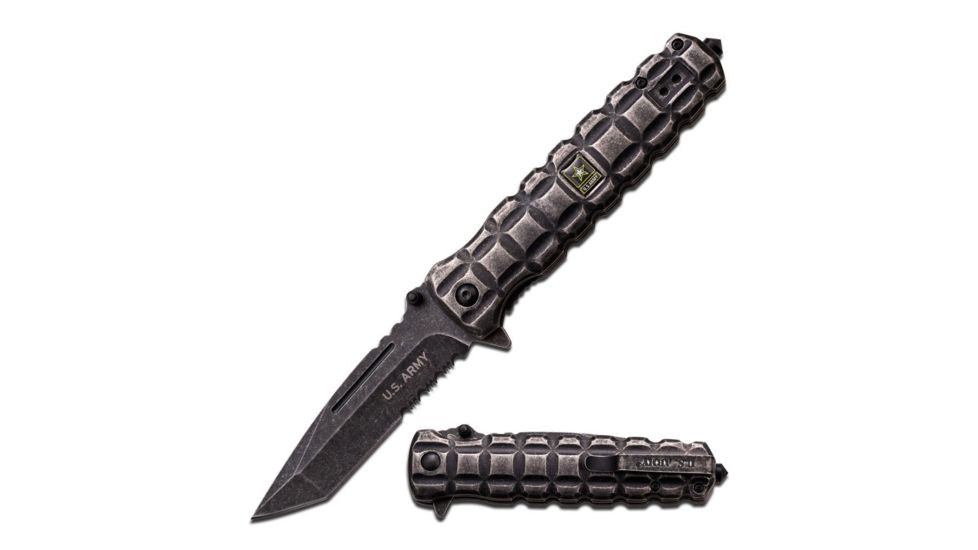 US Army Folding Blade, 4in, Stainless Steel Blade, Stainless Steel Black Stone Wash Handle A-A1026BS
