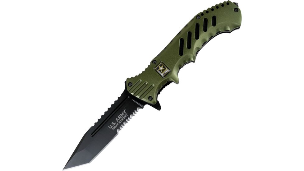 US Army Linerlock Green Handles A/O Folding Knife,4in,Stainless Steel,Partially Serrated,Tanto,Green,Aluminum Handle USAA1020TG