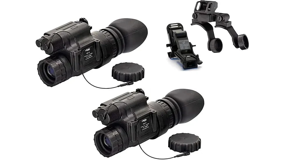 US Night Vision Rhino Arm, TRYBE Optics PVS-14 GEN 3 White Phosphor Night Vision Monocular, Filmless Tube, 64-72 lp/mm, Regular, and TRYBE Optics PVS-14 Dual Bridge Mounting System