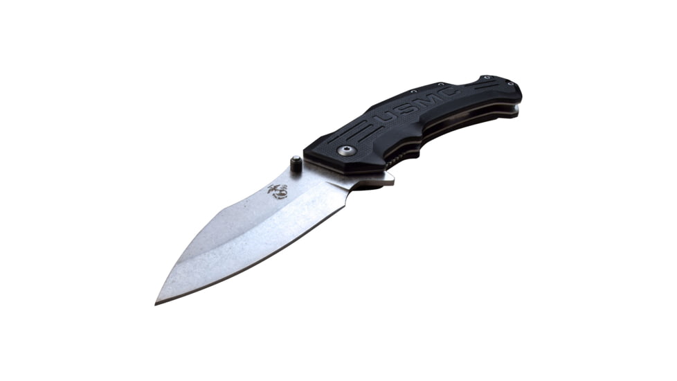 USMC Drop Point Spring Assisted Knife w/Pocket Clip, 3.5 in, 3Cr13 Stainless Steel Stainless Steel, Black, M-A1065BK