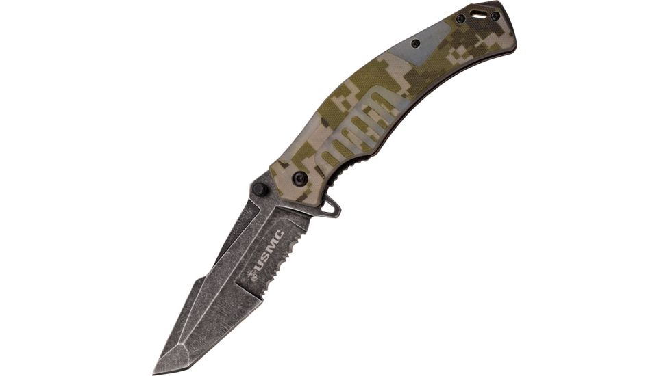 USMC Fortress Linerlock A/O Folding Knife,3.75in,Stainless Steel,Partially Serrated,Tanto,Black Stonewash,Digital Camo,G10 Handle USMA1046DG