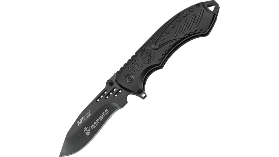USMC Garrison Linerlock A/O Folding Knife,3.625in,Stainless Steel,Black,Aluminum Handle USMA1030BP