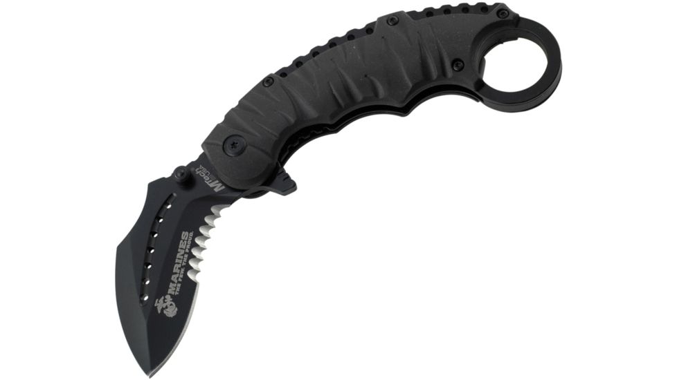USMC K-Fighter Karambit A/O Black Handle Fold Knife, Black Partially SE USMA1019BK