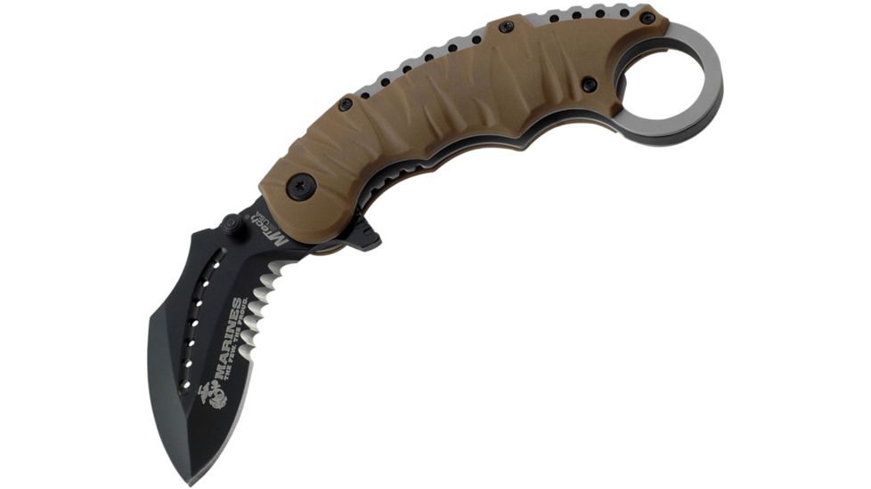 USMC K-Fighter Karambit A/O Brown Handle Fold Knife, Black Partially SE USMA1019BT