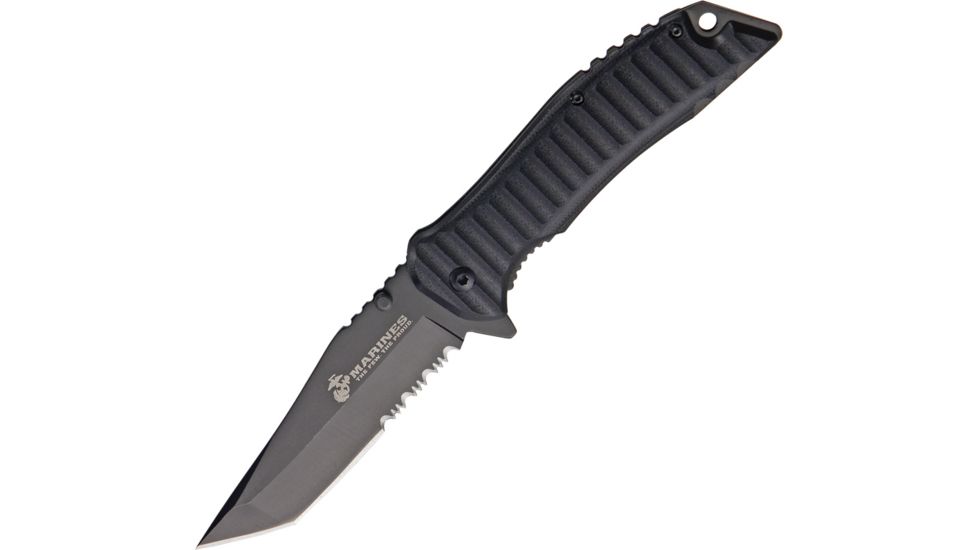 USMC Linerlock Black Handles A/O Folding Knife,3.625in,Stainless Steel,Partially Serrated,Tanto,Black,G10 Handle USMA1038BK
