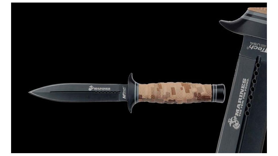 USMC Marine Fixed Blade Knife,5.25in,Black Double Edge Stainless Dagger Blade,Desert Tan Digital Camo Textured Alum Handle/Gray Stripe Trim USM1025DM