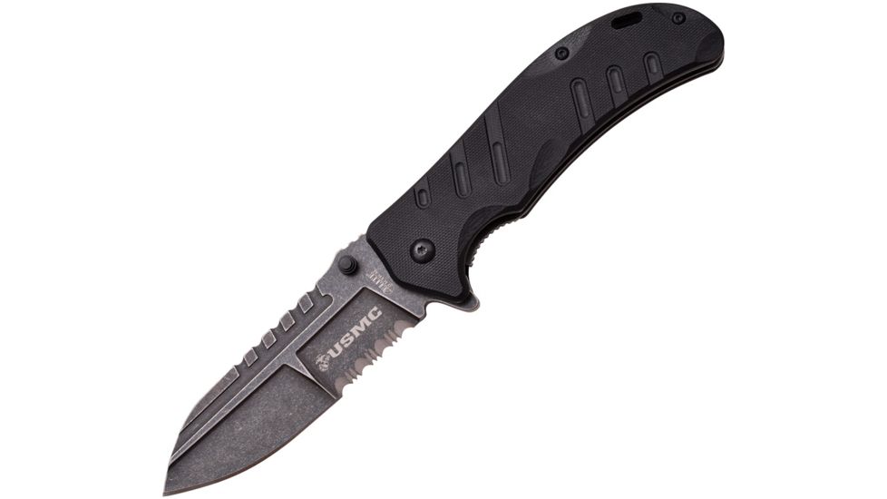 USMC Marines Raider A/O Stonewash Folding Knife,4in,Stainless Steel,Partially Serrated,Stonewash,Black,G10 Handle USMA1042BSW