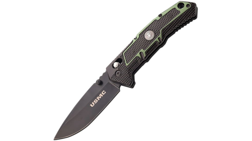 USMC USMC Rapid Lock Green Folding Knife, 3.75 black finish 3Cr13 stainless blade, Black and green textured aluminum handle, M-1064GN