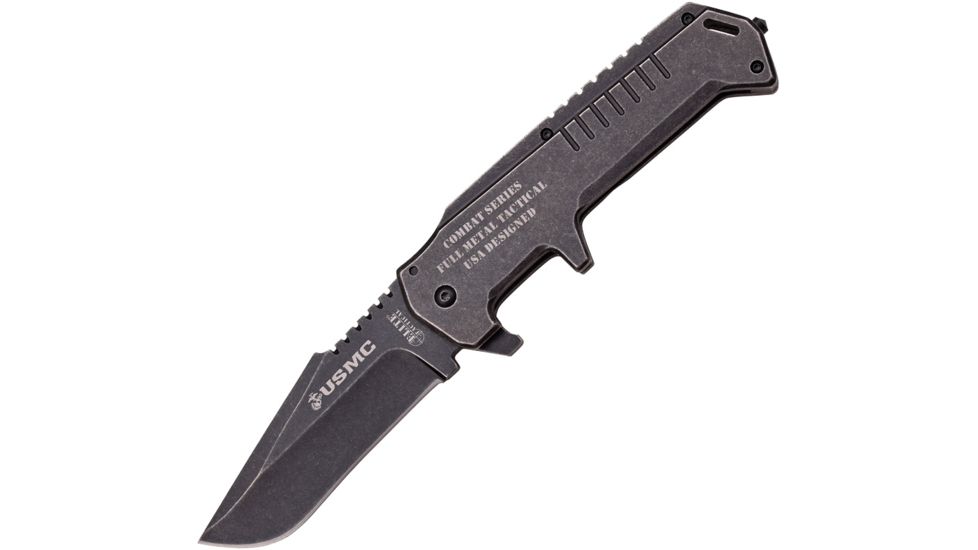 USMC Warlord Framelock Folding Knife,4in,Stainless Steel,Black Stonewash,Black Stonewash,Stainless Handle USM2010SW