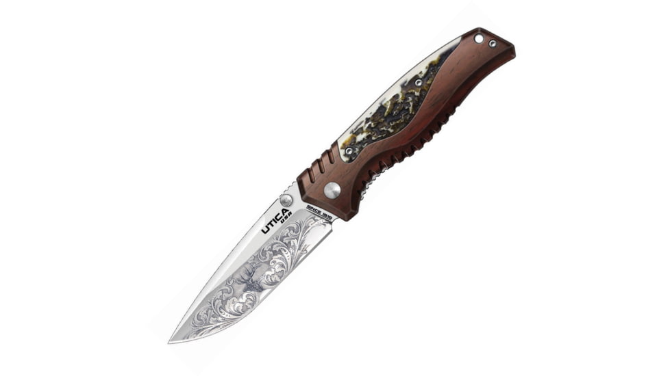 Utica Apter Blade IV Linerlock Folding Knife, 3.5 satin finish 8Cr13MoV stainless blade, Brown aluminum handle with imitation bone insert, 91-1076CP