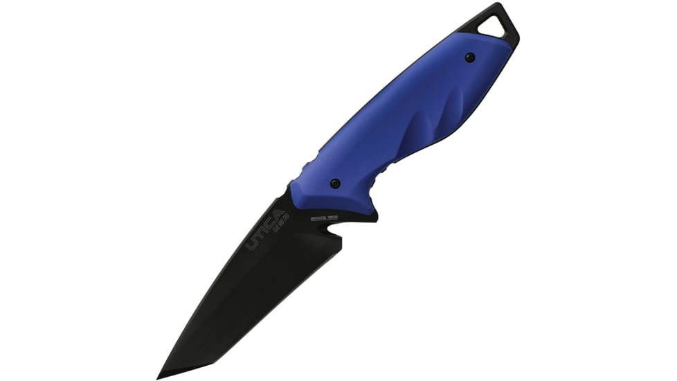 Utica Rescue III Fixed Blade Knife, 4.13 black oxide coated 8Cr13MoV stainless tanto , Blue rubberized ABS handle, 91-7048CP