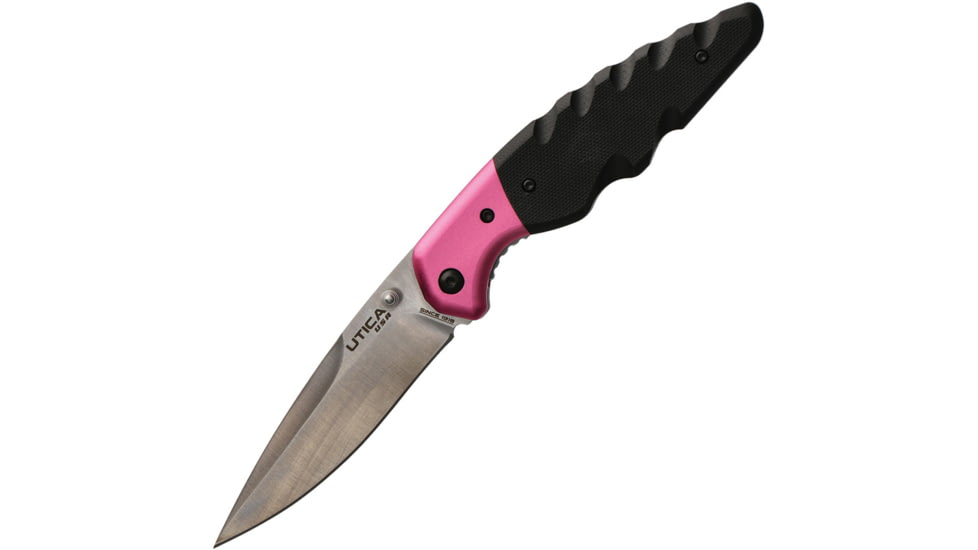Utica Smoky Canyon III Linerlock Folding Knife, 3.5 satin finish 8Cr13MoV stainless blade, Pink anodized aluminum and black G10 handle, 91-1501CP