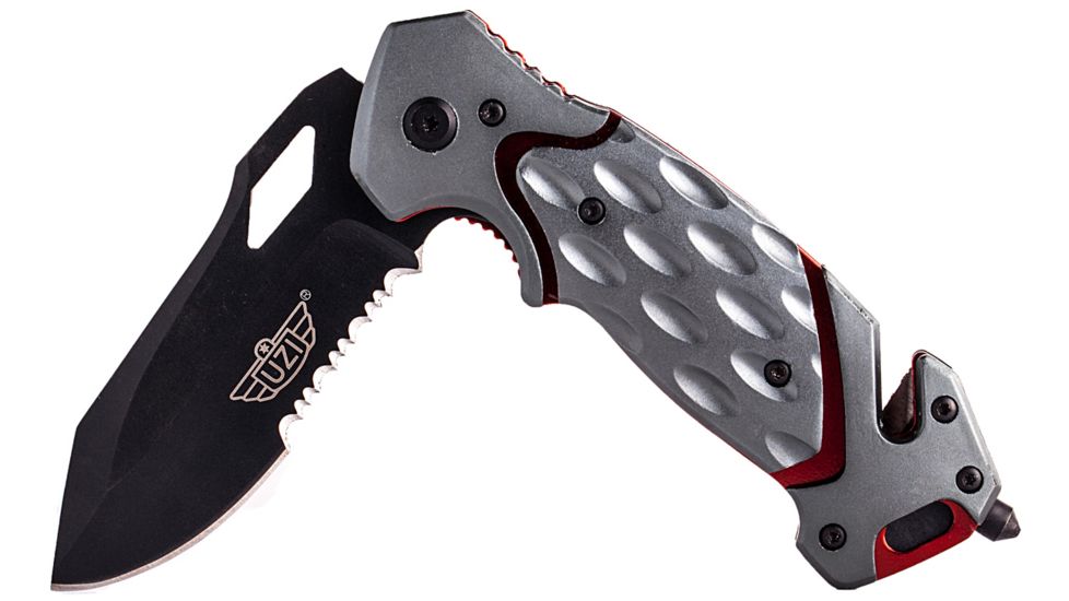 UZI Responder Steel Blade VII with Belt Cutter and Window Breaker, Black, Grey, and Red UZK-FDR-007