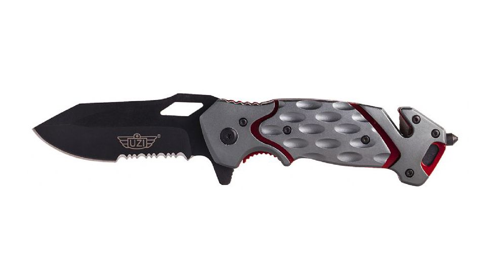 UZI Responder Steel Blade VII with Belt Cutter and Window Breaker, Black, Grey, and Red UZK-FDR-007