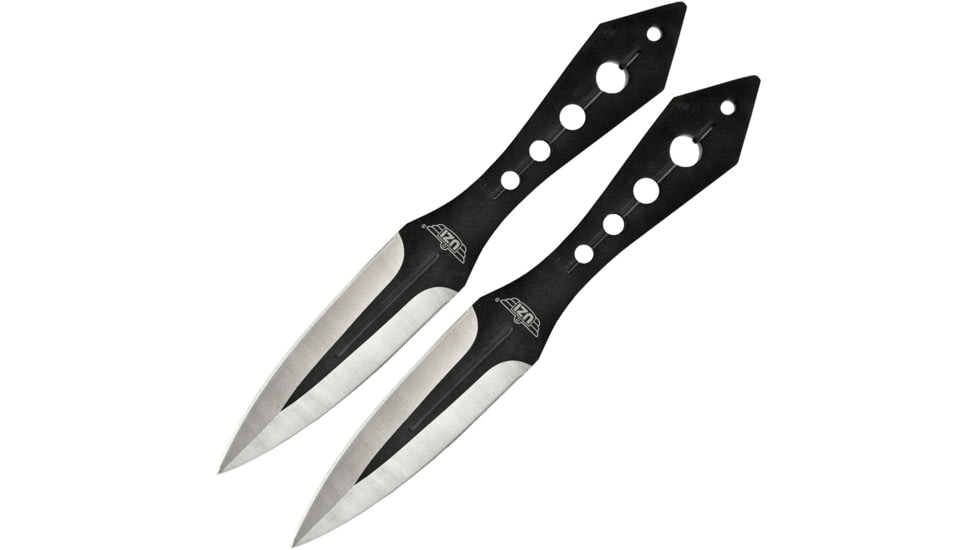 UZI Throwing Knife Set, Two 8in Overall, 3 1/2in Two-Tone Black Double Edge Blade, Black SS Handle, Black Nylon Sheath, UZK-TRW-TZP