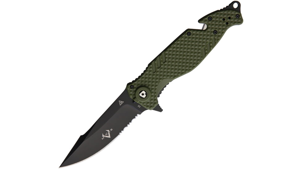 V NIVES TGL Trailblazer Linerlock OD Folding Knife, 3.75 black finish partially serrated D2 tool stee, OD green FRN handle, V23GPSBGR