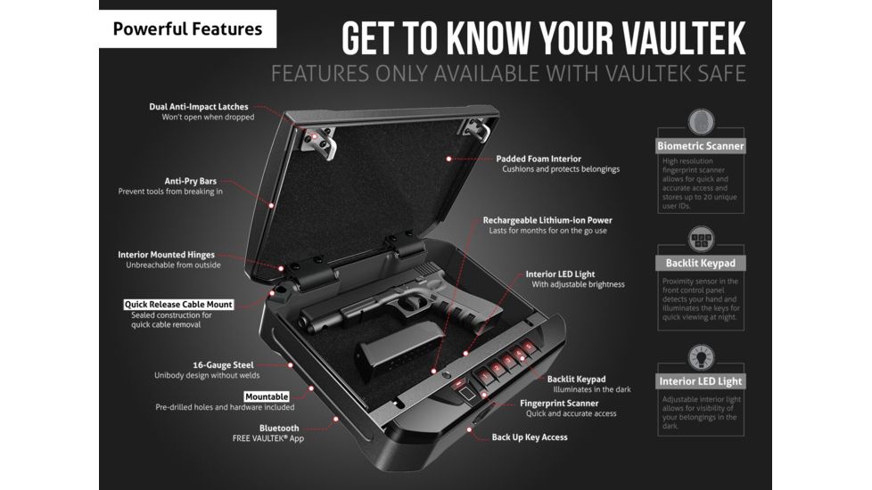 Vaultek Safe VT20i Biometric Bluetooth Pistol Vault, Black, VT20i-BK