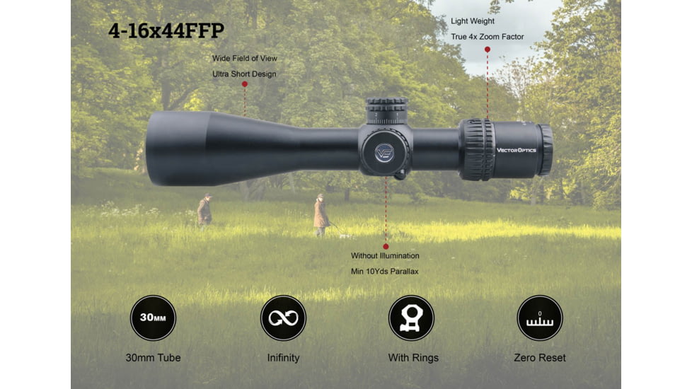 Vector Optics Veyron Rifle Scope, 4-16x44mm, First Focal Plane, 30mm Tube, MPR-4 Non-Illuminated Reticle, 6061-T6, Black, SCFF-22