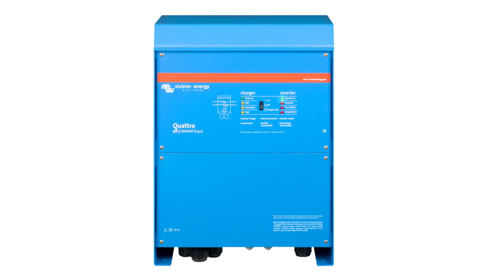 Victron Energy Quattro Inverter/Charger, 48 volts, 10000W, 200 amps Battery Charger, 50 amps Transfer Switch, Blue, QUA483100100