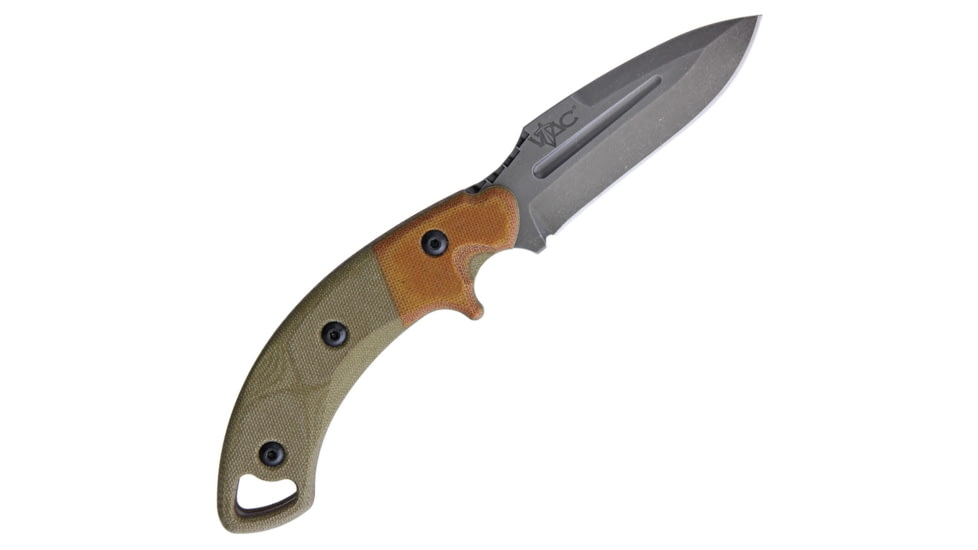 Viking Tactics Crusader Knife, 9.25in Overall, 3.5in 1095Hc Steel Blade, Green/ Brown Canvas Micarta Handle, Tan Kydex Molle Compatible Sheath, VTACK2-C