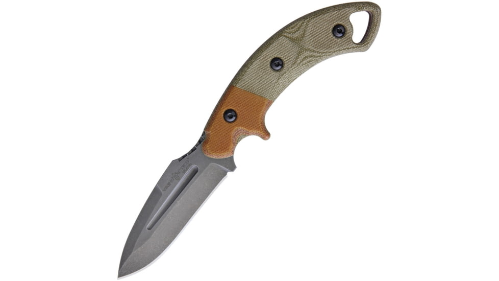 Viking Tactics Crusader Knife, 9.25in Overall, 3.5in 1095Hc Steel Blade, Green/ Brown Canvas Micarta Handle, Tan Kydex Molle Compatible Sheath, VTACK2-C