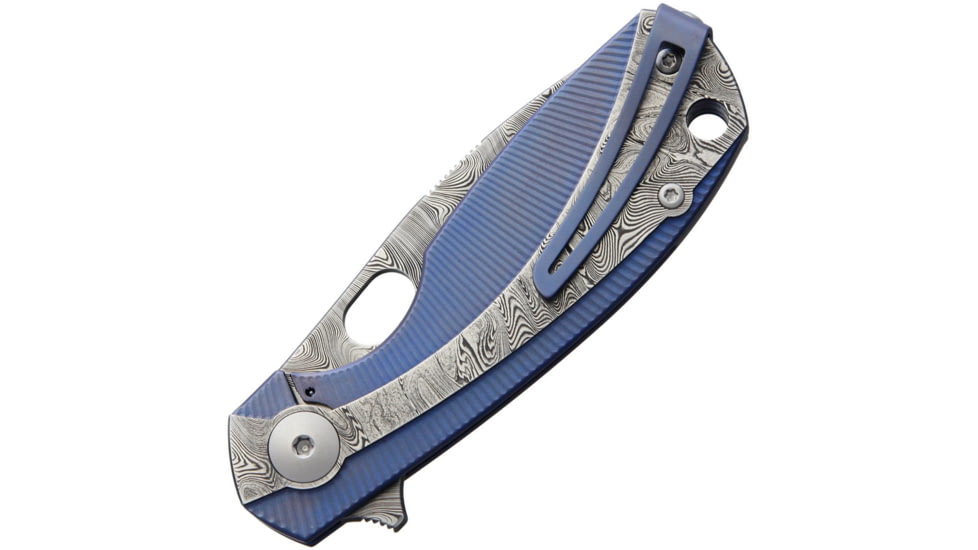 Viper Lille Framelock Folding Knife, 3.63in Closed, 2.5in Damascus Steel Blade, Sculpted Titanium Handle With Blue Anodized Titanium Onlay, Wooden Gift Box, VA5964BL